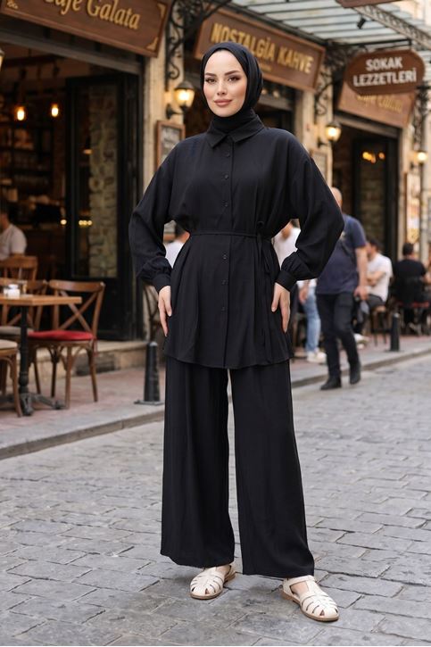 Kadın Siyah Tesettür İkili Takım  Kuşaklı Salaş Tunik Pantolon Takım Oversize Yazlık Tesettür Kombin