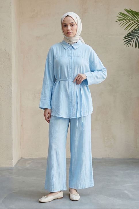 Kadın Açık Mavi Tesettür İkili Takım Gömlek Pantolon Takım Yazlık Rahat Kesim Oversize Günlük Kombin