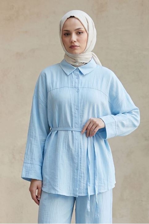 Kadın Açık Mavi Tesettür İkili Takım Gömlek Pantolon Takım Yazlık Rahat Kesim Oversize Günlük Kombin