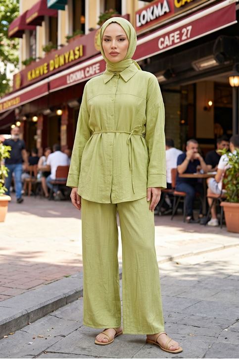 Kadın Yağ Yeşili Tesettür İkili Takım Gömlek Pantolon Takım Yazlık Rahat Kesim Oversize Günlük Kombin