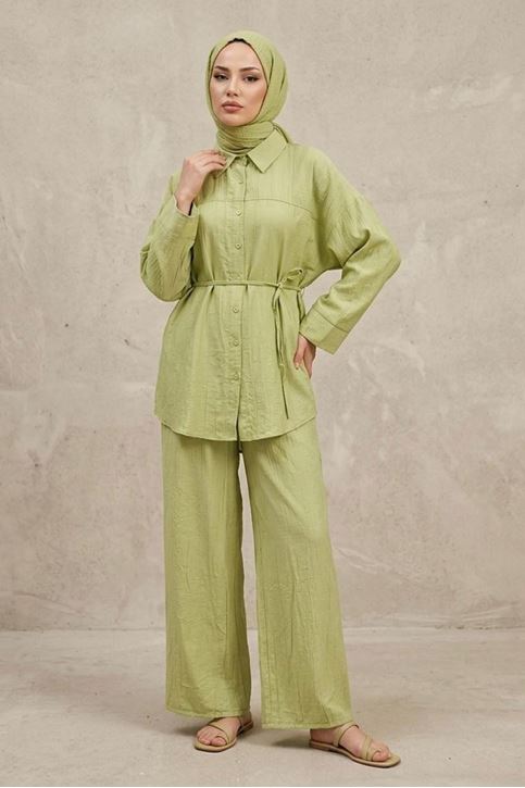 Kadın Yağ Yeşili Tesettür İkili Takım Gömlek Pantolon Takım Yazlık Rahat Kesim Oversize Günlük Kombin