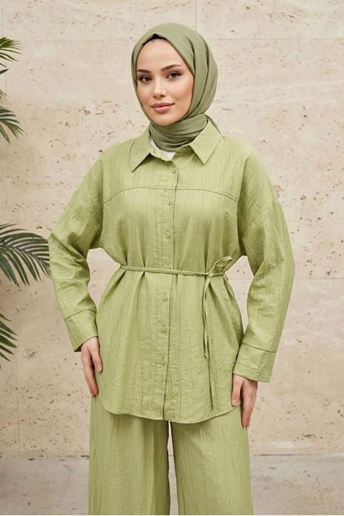 Kadın Yağ Yeşili Tesettür İkili Takım Gömlek Pantolon Takım Yazlık Rahat Kesim Oversize Günlük Kombin