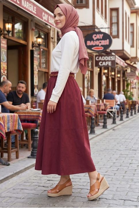 Kadın Bordo Bel Kemerli Tesettür Etek Mevsimlik Rahat Kalıp Şık Trend Uzun Tesettür Etek
