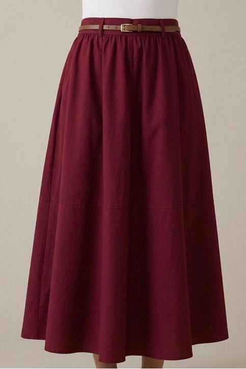 Kadın Bordo Bel Kemerli Tesettür Etek Mevsimlik Rahat Kalıp Şık Trend Uzun Tesettür Etek