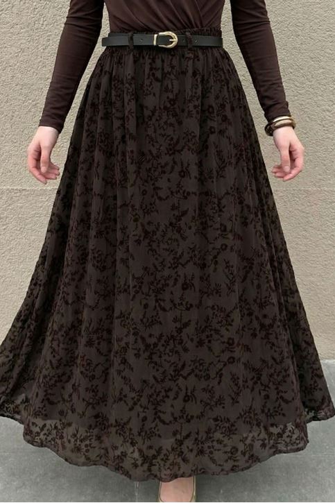 Kadın Kahverengi Çicek Desenli Flok Baskı Tül Tesettür Etek 