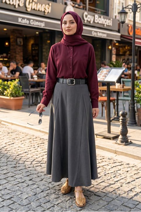 Kadın Antrasit Kelebek Formlu Kemerli Yarı Mevlana Tesettür Etek