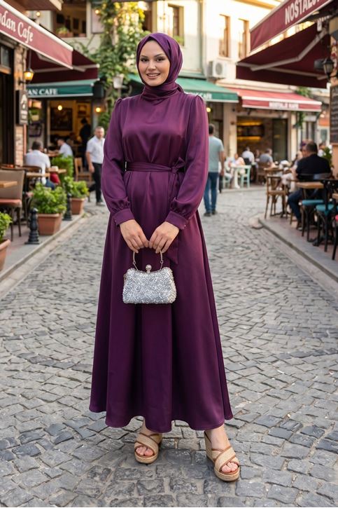 Kadın Mürdüm Saten Tesettür Abiye Elbise Uzun Kollu Kuşaklı Düğün Nişan Özel Gün Tesettür Elbise