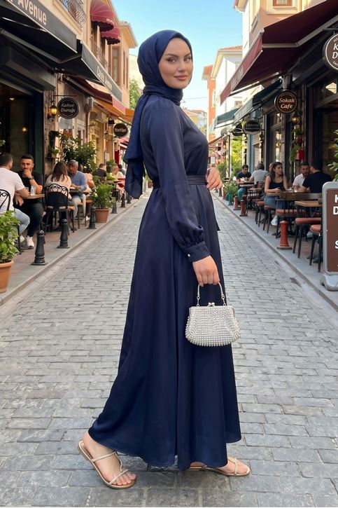 Kadın Lacivert Saten Tesettür Abiye Elbise Uzun Kollu Kuşaklı Düğün Nişan Özel Gün Tesettür Elbise