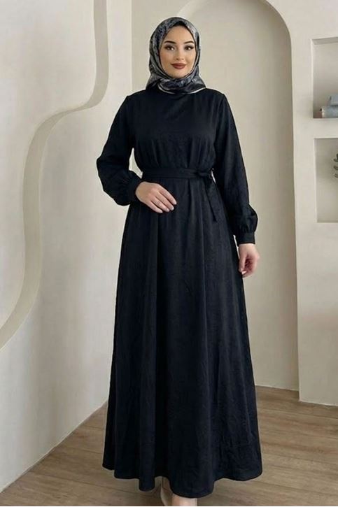 Kadın Siyah Saten Tesettür Abiye Elbise Uzun Kollu Kuşaklı Düğün Nişan Özel Gün Tesettür Elbise