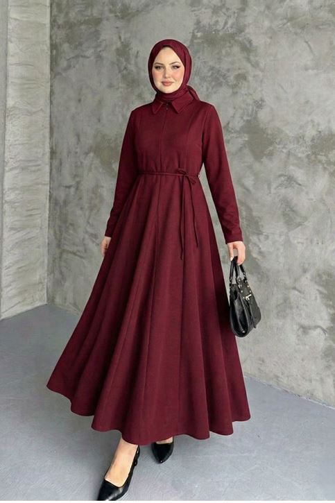Kadın Bordo Gömlek Yaka Ön Gizli Fermuar Detaylı Mevlana Etek Parçalı Tesettür Elbise