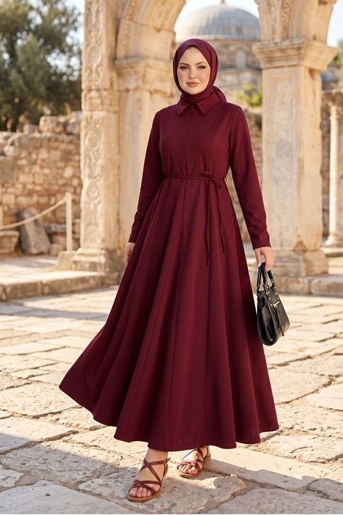 Kadın Bordo Gömlek Yaka Ön Gizli Fermuar Detaylı Mevlana Etek Parçalı Tesettür Elbise