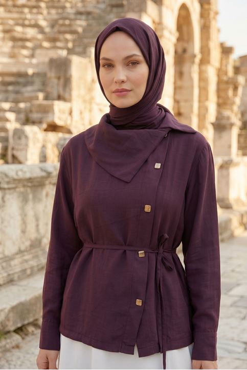 Kadın Bordo Yaka Düğme Detaylı Belden Bağlamalı Şık ve Modern Tesettür Gömlek Tunik Yazlık 