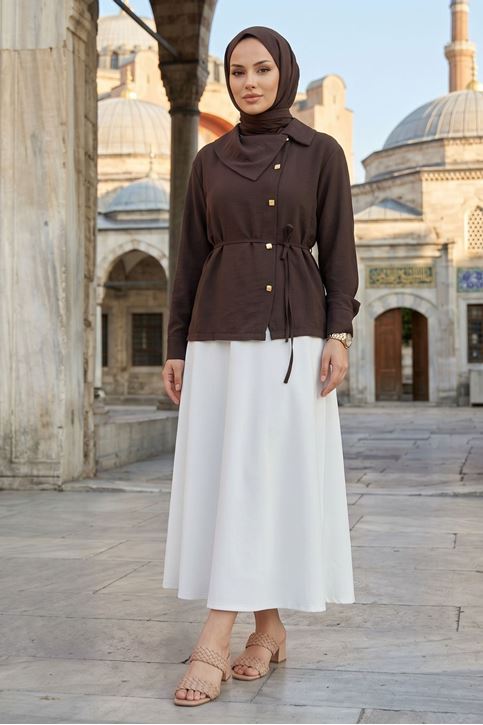Kadın Kahve Yaka Düğme Detaylı Belden Bağlamalı Şık ve Modern Tesettür Gömlek Tunik Yazlık 