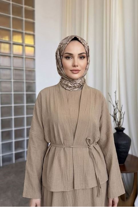 Kadın Vizon Ceket Kimono Bağlamalı Jile Elbise Ceket İkili Tesettür Takım  Çilek Elbise Takım Kombin