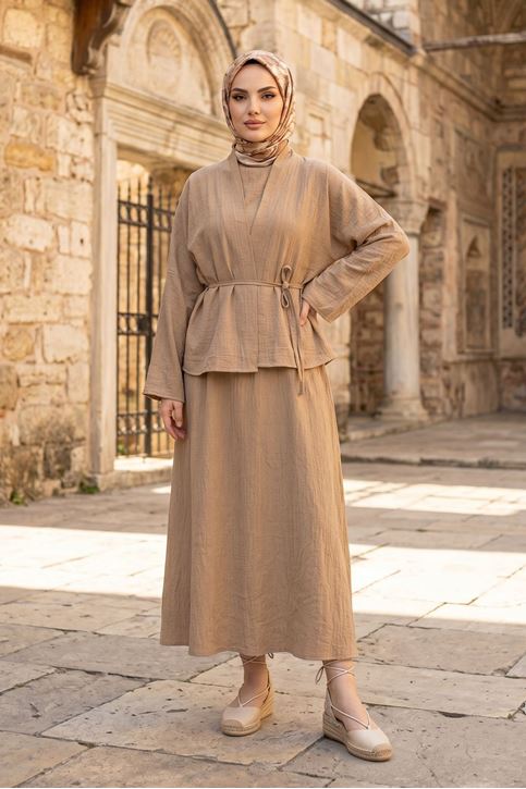 Kadın Vizon Ceket Kimono Bağlamalı Jile Elbise Ceket İkili Tesettür Takım  Çilek Elbise Takım Kombin