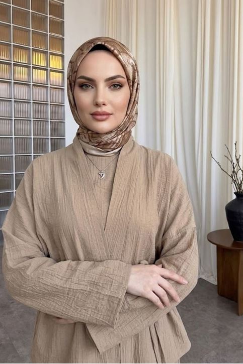 Kadın Vizon Ceket Kimono Bağlamalı Jile Elbise Ceket İkili Tesettür Takım  Çilek Elbise Takım Kombin