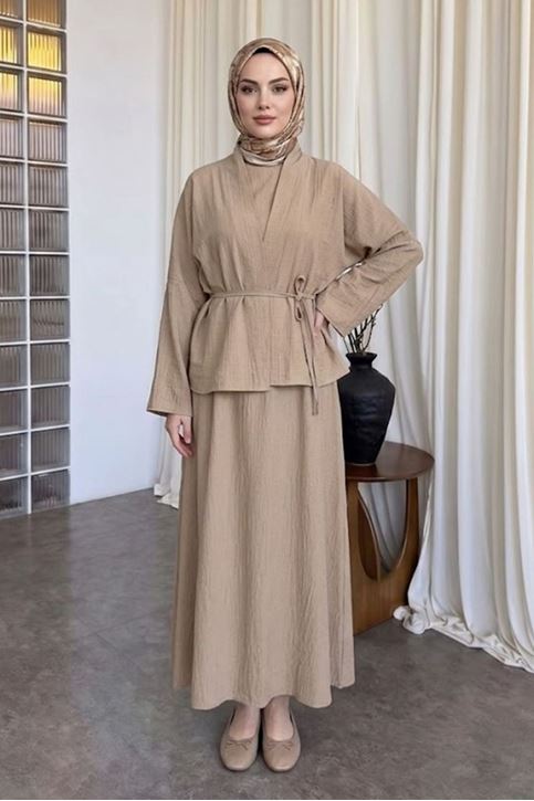 Kadın Vizon Ceket Kimono Bağlamalı Jile Elbise Ceket İkili Tesettür Takım  Çilek Elbise Takım Kombin
