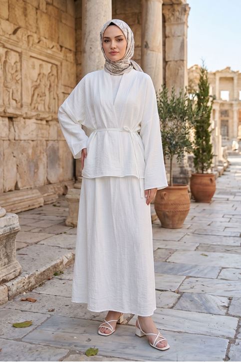 Kadın Ekru Ceket Kimono Bağlamalı Jile Elbise Ceket İkili Tesettür Takım  Çilek Elbise Takım Kombin