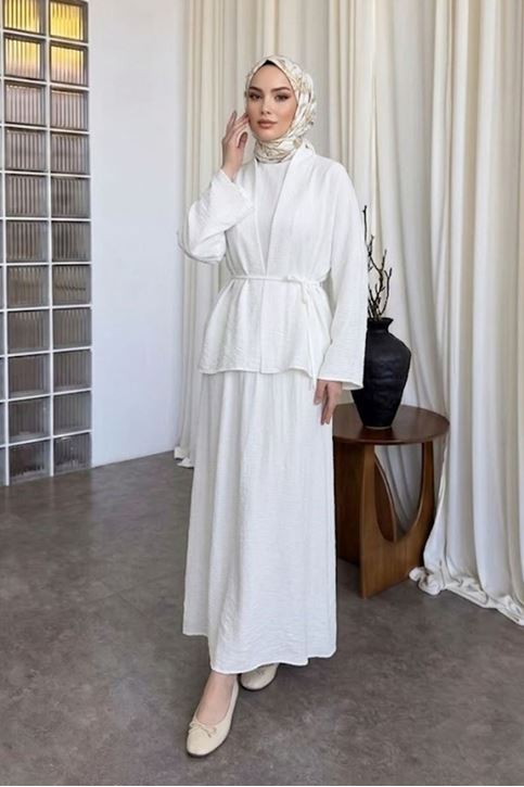Kadın Ekru Ceket Kimono Bağlamalı Jile Elbise Ceket İkili Tesettür Takım  Çilek Elbise Takım Kombin