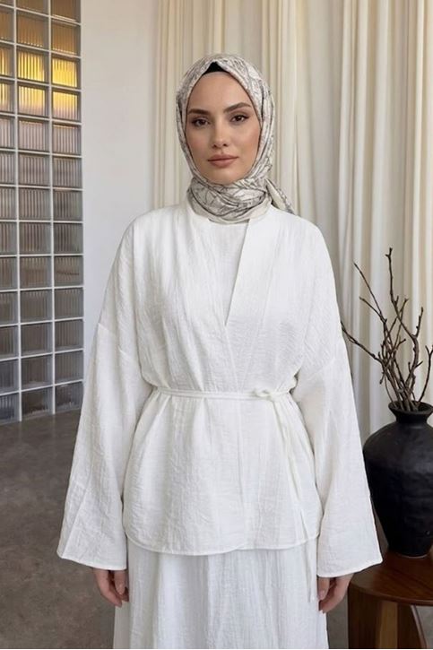 Kadın Ekru Ceket Kimono Bağlamalı Jile Elbise Ceket İkili Tesettür Takım  Çilek Elbise Takım Kombin