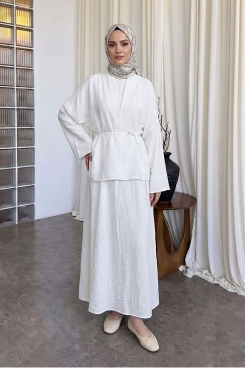 Kadın Ekru Ceket Kimono Bağlamalı Jile Elbise Ceket İkili Tesettür Takım  Çilek Elbise Takım Kombin