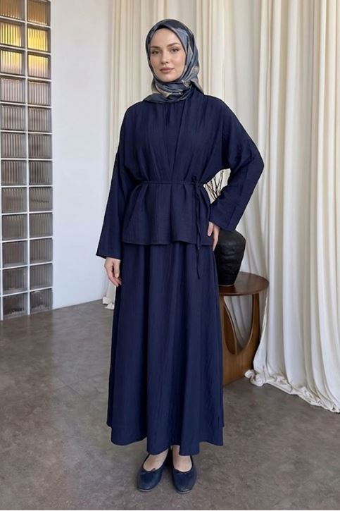 Kadın Lacivert Ceket Kimono Bağlamalı Jile Elbise Ceket İkili Tesettür Takım  Çilek Elbise Takım Kombin