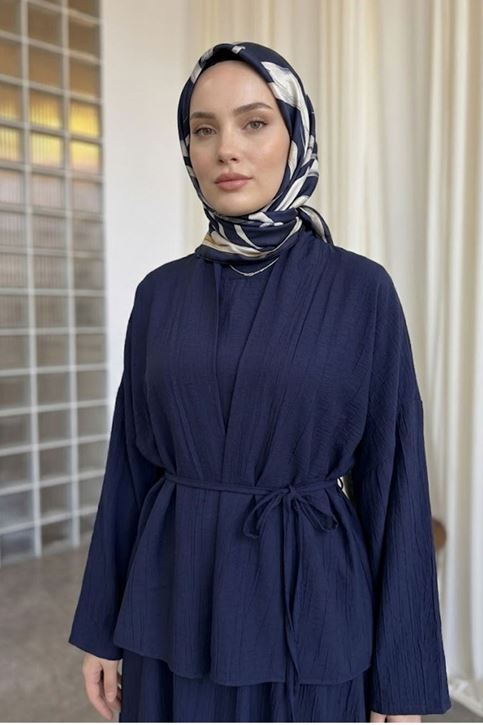 Kadın Lacivert Ceket Kimono Bağlamalı Jile Elbise Ceket İkili Tesettür Takım  Çilek Elbise Takım Kombin