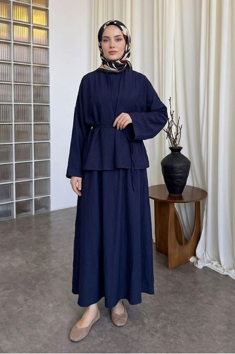 Kadın Lacivert Ceket Kimono Bağlamalı Jile Elbise Ceket İkili Tesettür Takım  Çilek Elbise Takım Kombin