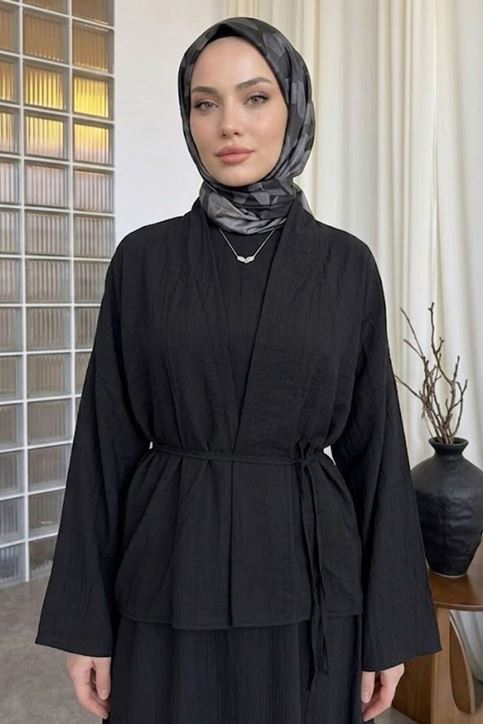 Kadın Siyah Ceket Kimono Bağlamalı Jile Elbise Ceket İkili Tesettür Takım  Çilek Elbise Takım Kombin