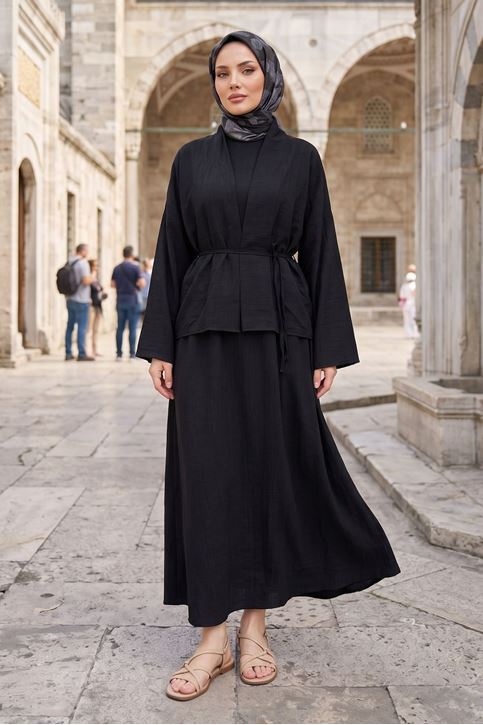 Kadın Siyah Ceket Kimono Bağlamalı Jile Elbise Ceket İkili Tesettür Takım  Çilek Elbise Takım Kombin