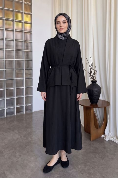 Kadın Siyah Ceket Kimono Bağlamalı Jile Elbise Ceket İkili Tesettür Takım  Çilek Elbise Takım Kombin