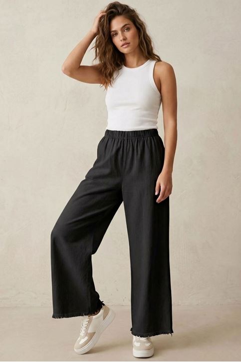 Kadın Siyah Beli Lastik Özel Yıkamalı Kumaş  Paçaları Püsküllü Geniş Paça Tesettür Pantolon