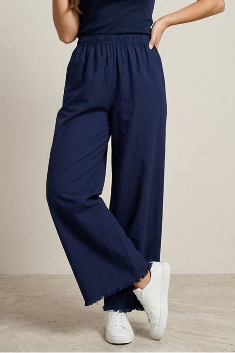 Kadın Lacivert Beli Lastik Özel Yıkamalı Kumaş  Paçaları Püsküllü Geniş Paça Tesettür Pantolon