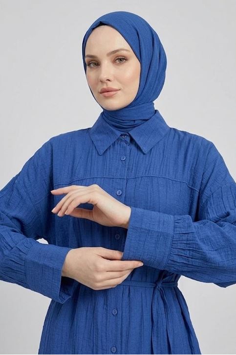 Kadın İndigo Rahat Kalıp Çilek Kumaş Gömlek Yaka Boydan Düğmeli Tunik Pantolonlu Takım Kombin 