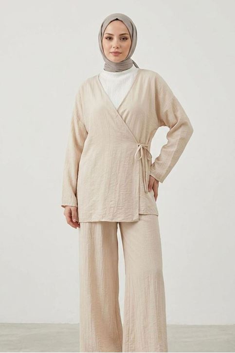 Kadın Taş Yandan Bağlamalı Çilek Kumaş Kimono Tunik Pantolon Takım Kombin