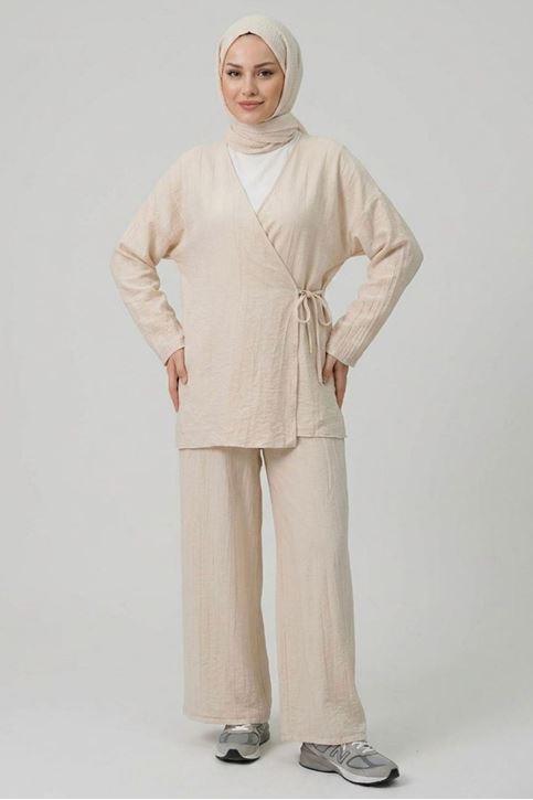 Kadın Taş Yandan Bağlamalı Çilek Kumaş Kimono Tunik Pantolon Takım Kombin