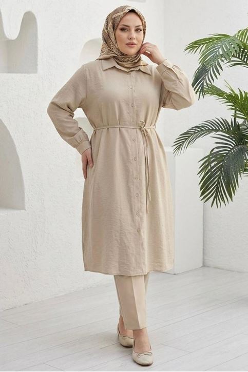 Kadın Taş Boydan Düğümeli Gömlek Yaka Belden Bağlamalı 100 CM Oversize Gömlek Tunik