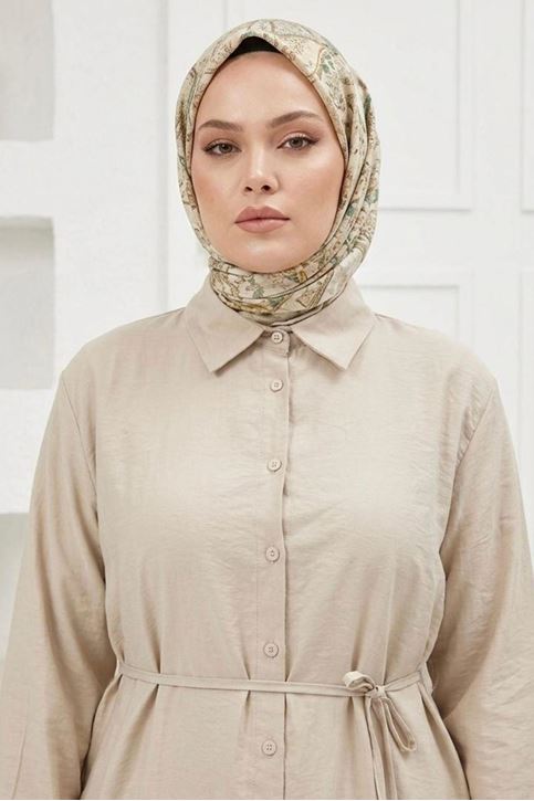 Kadın Taş Boydan Düğümeli Gömlek Yaka Belden Bağlamalı 100 CM Oversize Gömlek Tunik