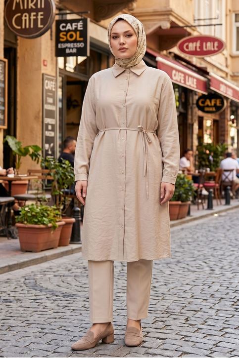 Kadın Taş Boydan Düğümeli Gömlek Yaka Belden Bağlamalı 100 CM Oversize Gömlek Tunik