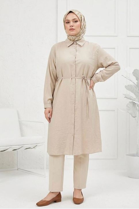 Kadın Taş Boydan Düğümeli Gömlek Yaka Belden Bağlamalı 100 CM Oversize Gömlek Tunik