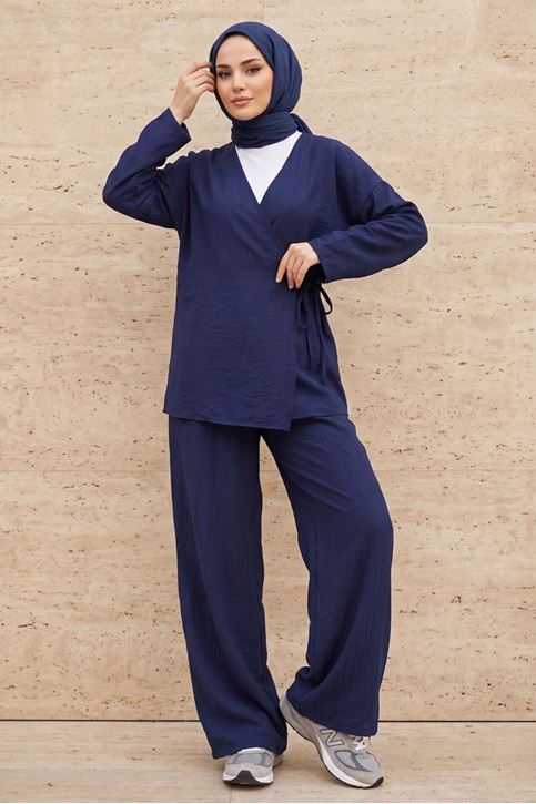 Kadın Lacivert Yandan Bağlamalı Çilek Kumaş Kimono Tunik Pantolon Yazlık Takım Kombin