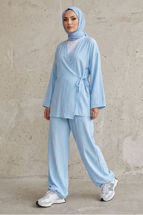 Kadın Bebe Mavi Yandan Bağlamalı Çilek Kumaş Kimono Tunik Pantolon Yazlık Takım Kombin