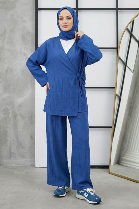 Kadın İndigo Yandan Bağlamalı Çilek Kumaş Kimono Tunik Pantolon Yazlık Takım Kombin