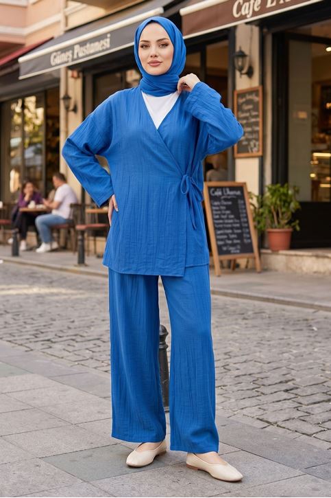 Kadın İndigo Yandan Bağlamalı Çilek Kumaş Kimono Tunik Pantolon Yazlık Takım Kombin