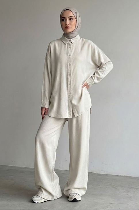 Kadın Ekru Rahat Kalıp Yazlık Gömlek Tunik Pantolon Trend Şık Spor Günlük Tesettür Takım Kombin 