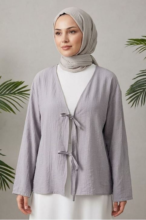 Kadın Gri Ön Bağlamalı Yeni Sezon Tren Çilek Kumaş İnce Tesettür Kimono Tunik