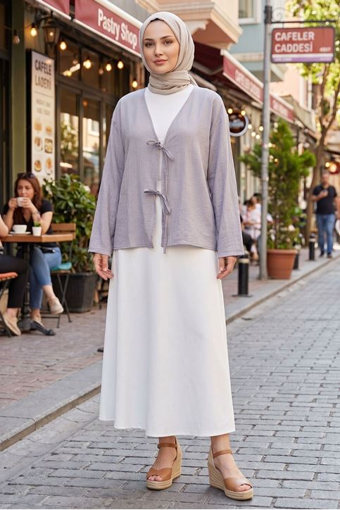 Kadın Gri Ön Bağlamalı Yeni Sezon Tren Çilek Kumaş İnce Tesettür Kimono Tunik