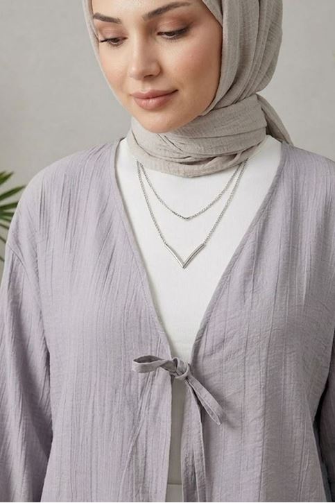 Kadın Gri Ön Bağlamalı Yeni Sezon Tren Çilek Kumaş İnce Tesettür Kimono Tunik