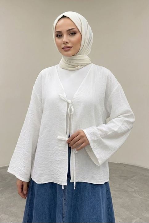 Kadın Ekru Ön Bağlamalı Yeni Sezon Tren Çilek Kumaş İnce Tesettür Kimono Tunik