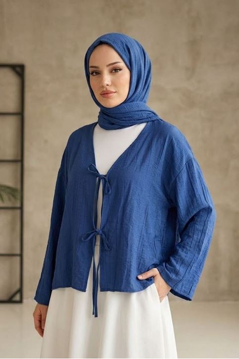 Kadın İndigo Ön Bağlamalı Yeni Sezon Tren Çilek Kumaş İnce Tesettür Kimono Tunik